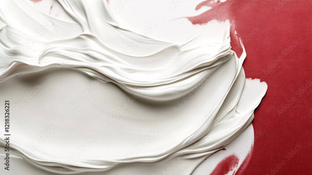 Poster white creamy texture swirling on red background, creating abstract shapes