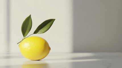 Fresh lemon with leaves on white surface, sunlight. Food photography