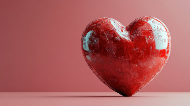 3D render of red heart symbolizing love and emotion, set against soft pink background. This artistic representation evokes feelings of warmth and affection