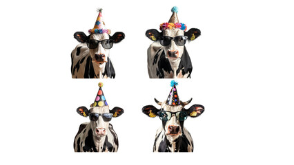 Party Cows: Four adorable Holstein cows donning party hats and sunglasses, a fun and quirky image perfect for celebrations and lighthearted projects.  