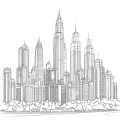 Naklejka premium Skyscraper Cityscape Sketch Black White Architecture Drawing Modern City