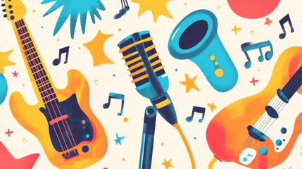 Retro music character from 90s cartoon vector. 80s vintage disco party comic design element. Karaoke microphone, groovy guitar and saxophone instrument nostalgia collection for rock event in pub