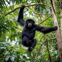 Obraz premium Tropical Acrobat: Haitian Black Crested Gibbon Gliding Through the Rainforest
