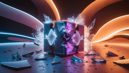 Shattered Puzzle Cube Abstract Art Neon Lights