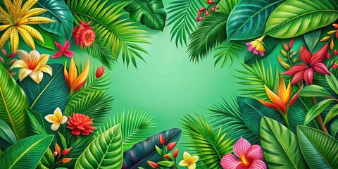 Vibrant green tropical leaves on a bright colorful seamless background with exotic flowers and lush foliage, floral, exotic