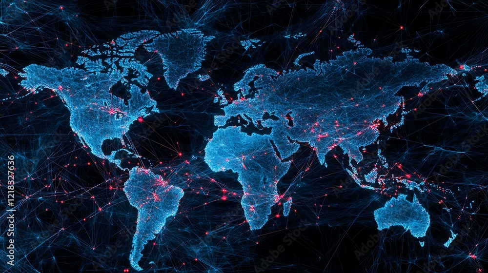 Poster connecting the world through digital networks and global data visualization