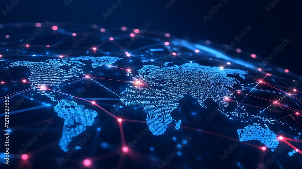 Poster connecting the world through digital networks and global data visualization