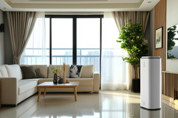 Fototapeta premium Air purifier in living room for filter and cleaning removing dust PM2.5. Protect PM 2. 5 dust and air pollution concept. Generative Ai.
