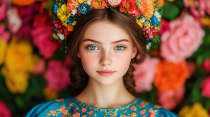 young girl with blue eyes and floral crown poses against vibrant flower backdrop, showcasing serene expression. colorful arrangement enhances her natural beauty