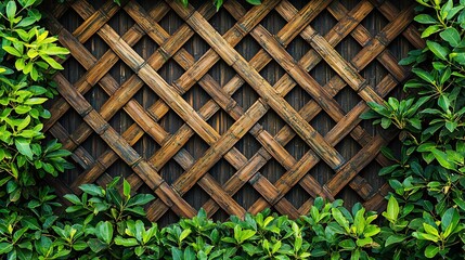 Lush green foliage framing a dark brown woven bamboo lattice.