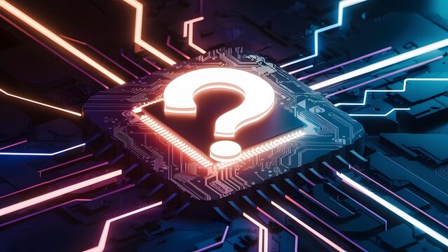 Neon Glowing Question Mark on Circuit Board Abstract Technology Background
