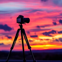 Silhouette of camera on tripod with beautiful sunset sky background.