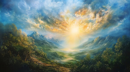 Naklejka premium Sunlit Valley with Majestic Mountains and Verdant Forest Path Under a Radiant Sky - High Definition Oil Painting