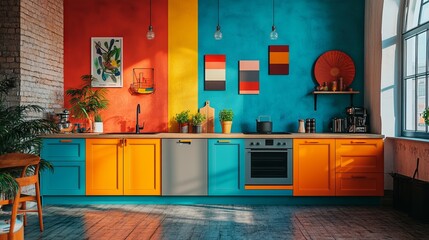 Charming Brightly Colored Kitchen with Vibrant Wall Decor and Lush Green Potted Plants Creating a Warm Inviting Atmosphere Perfect for Cooking and Gathering with Family and Friends