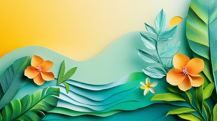 Paper craft tropical flowers and leaves creating a summer background