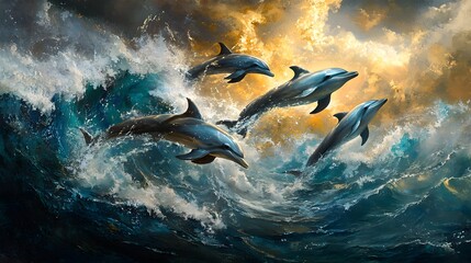 Obraz premium Dolphins Leaping Through Waves Under Dramatic Cloudy Sky