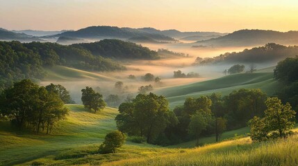 Misty Sunrise Over Rolling Hills: A Serene Landscape