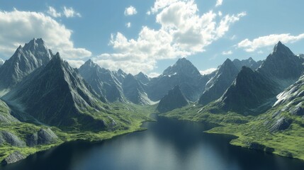 Fototapeta premium Mountain landscape with river delta. Vector cartoon illustration of water flowing into sea, majestic rocky peaks with glacier, green valley with blooming bushes, sunny sky with clouds. Vacation banner