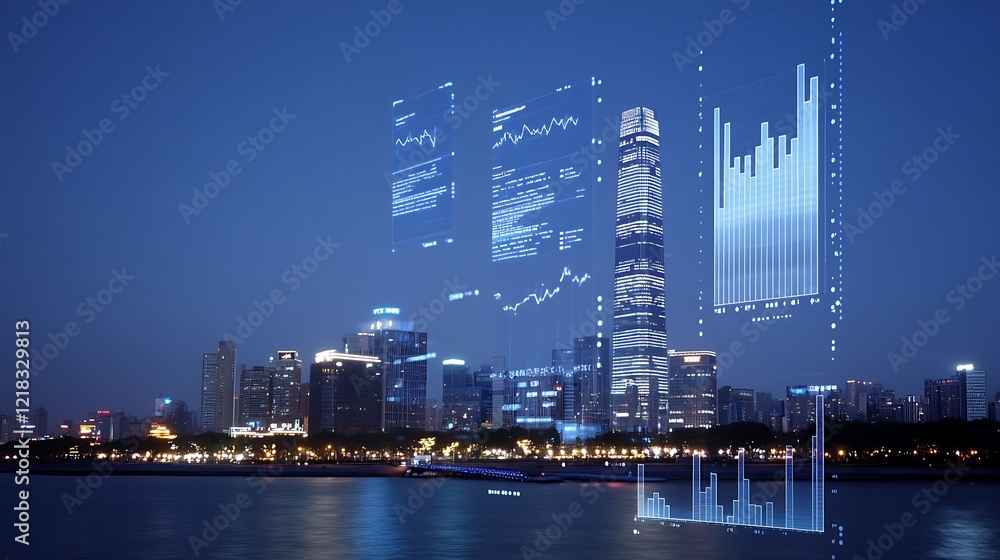 Poster visualizing urban financial growth through advanced data analytics in a modern skyline