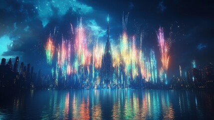 A brilliant New Year fireworks show over an iconic skyline, with colorful sparks cascading down into glowing reflections in the water