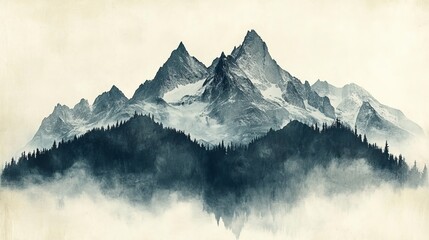 Majestic Mountain Landscape Surrounded by Lush Green Trees and Enveloping Misty Fog Creating a Serene and Enigmatic Atmosphere in a Picturesque Natural Setting of Tranquility