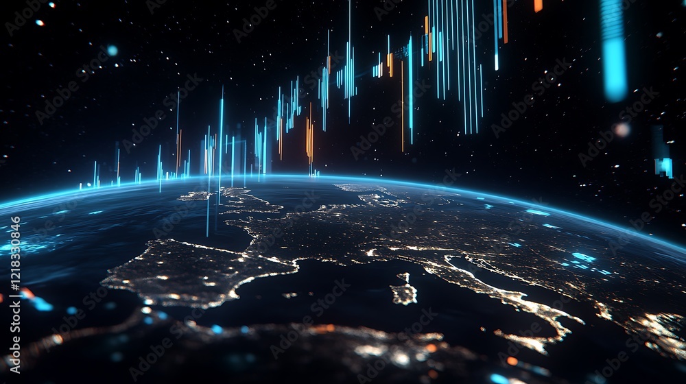 Poster visualizing global data trends through advanced digital technology