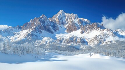 Obraz premium Majestic snow-capped mountain peak under a vibrant blue sky, with a pristine snowy foreground and snow covered trees.