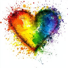 Fototapeta premium Colorful Heart Shape with Splashes of Rainbow Paint on White Background for Love and Diversity Themes
