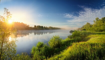 Naklejka premium Bright summer morning by the riverside. Generated image