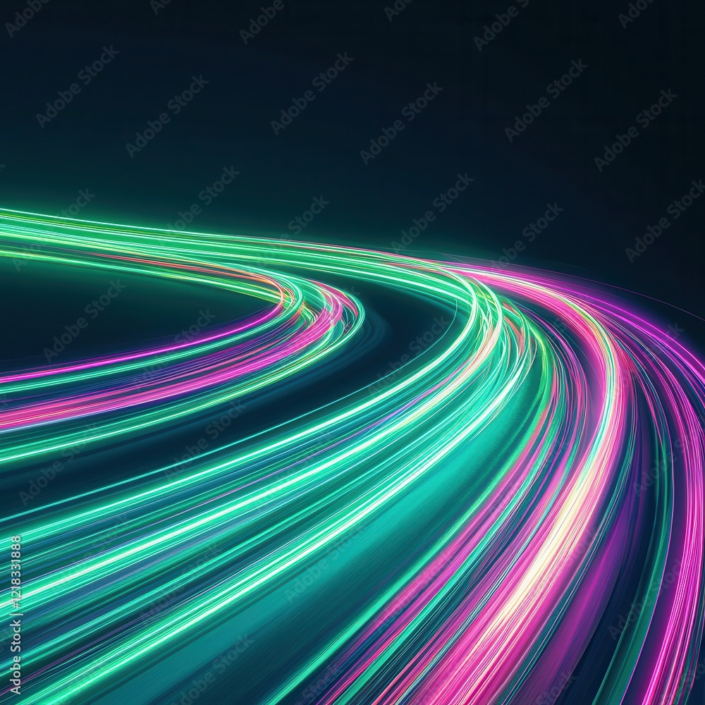 Poster dynamic neon light trails curving in angular patterns on black background abstract art vibrant envir