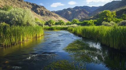Fototapeta premium Swamp with reed in mountain vector cartoon landscape. Lake water near grass shore with bulrush in Japan illustration. Calm stream near willow game environment terrain for sunny day panoramic view