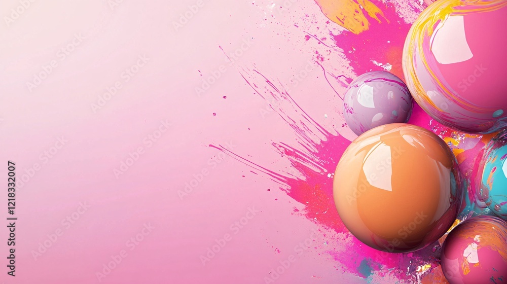 Poster Colorful spheres exploding with pink paint on gradient background