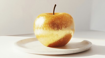 Golden Apple on White Plate Minimalist Still Life Photography