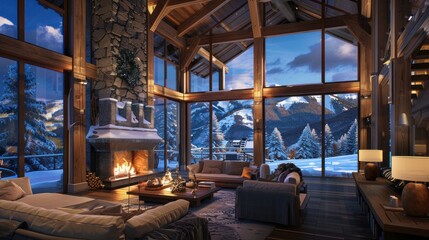 Ski chalet with panoramic windows beautiful snow slopes, AI generated image