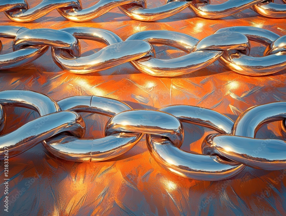 Poster polished metallic chain links overlapping in a strong industrial environment close-up view abstract 