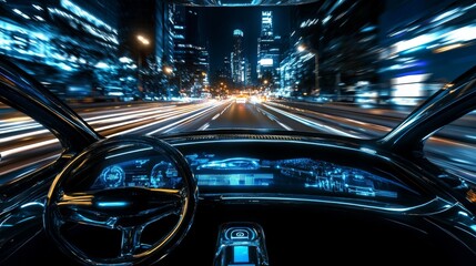 Fototapeta premium Car drive night road to city cartoon illustration. Cockpit inside view interior with dashboard vector. Street neon light in futuristic downtown architecture. Empty unmanned vehicle navigation