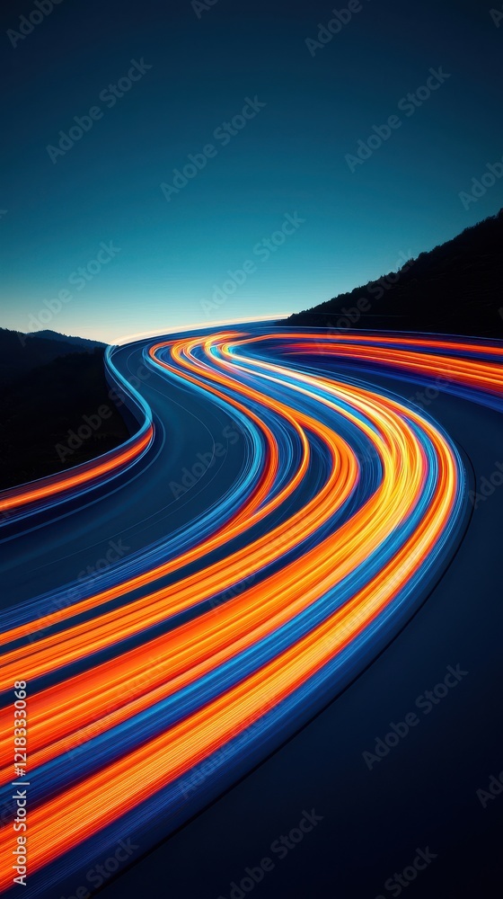 Poster dynamic light trails racing across a dark background abstract design intense colors artistic viewpoi
