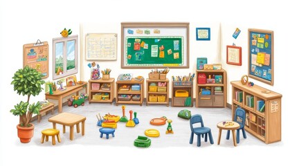 Kindergarten or primary school interior design elements. Vector cartoon illustration of furniture, toys, board, colorful wall decorations, childrens paintings isolated on white. Kids education space
