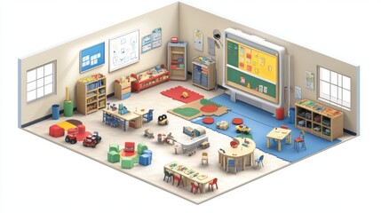 Naklejka premium Kindergarten or primary school interior design elements. Vector cartoon illustration of furniture, toys, board, colorful wall decorations, childrens paintings isolated on white. Kids education space