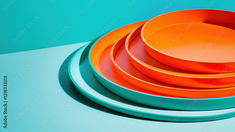 Poster dynamic orange and teal light trails creating circles on blue background modern abstract art digital