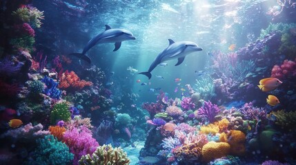 Fototapeta premium Vibrant Coral Reef with Dolphins: An Underwater Paradise