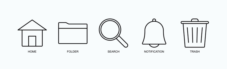 Interface Essentials Icon Set Isolated Vector With Icon Of Home, Folder, Search, Notification, Trash In Outline Style