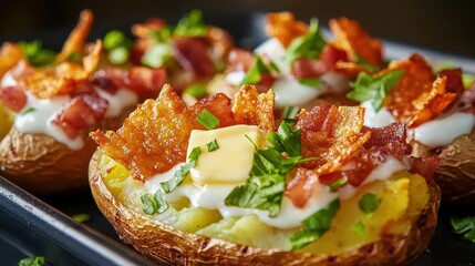 Baked potato delight with crispy skin and toppings comfort food recipe kitchen closeup view hearty and comforting