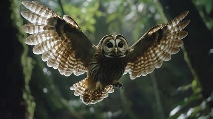 Majestic barred owl in flight, rainforest setting.
