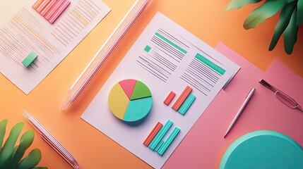 3D illustrations of bar graphs and pie charts on financial documents, viewed from above on a pastel background.