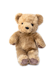 Stuffed animals. Old cute sitting brown teddy bear isolated on white background.