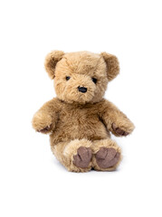 Stuffed animals. Old cute sitting brown teddy bear isolated on white background.