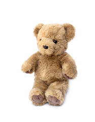 Stuffed animals. Old cute sitting brown teddy bear isolated on white background.