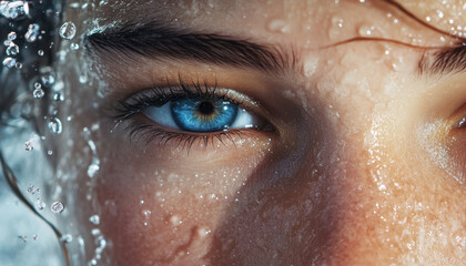 close up shot of girl face with water droplets highlighting her striking blue eyes, creating captivating and emotional expression