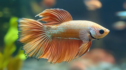 a fish with a very long tail swimming in a tank